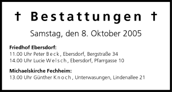 Anzeige von Bestattungen vom 08.10.2005 von MGO