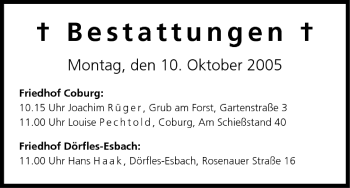 Anzeige von Bestattungen vom 10.10.2005 von MGO