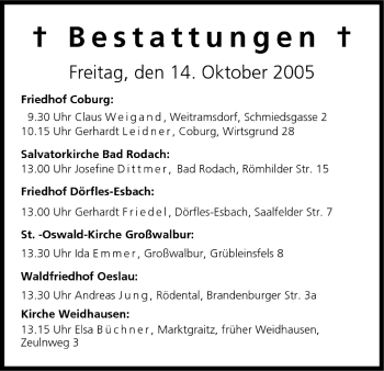 Anzeige von Bestattungen vom 14.10.2005 von MGO