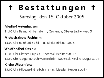 Anzeige von Bestattungen vom 15.10.2005 von MGO