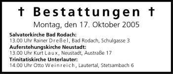 Anzeige von Bestattungen vom 17.10.2005 von MGO