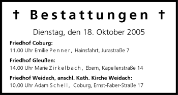 Anzeige von Bestattungen vom 18.10.2005 von MGO