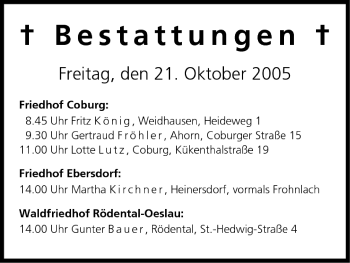 Anzeige von Bestattungen vom 21.10.2005 von MGO