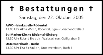 Anzeige von Bestattungen vom 22.10.2005 von MGO