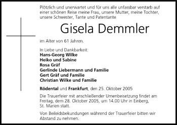 Anzeige von Gisela Demmler von MGO