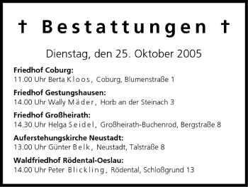 Anzeige von Bestattungen vom 25.10.2005 von MGO