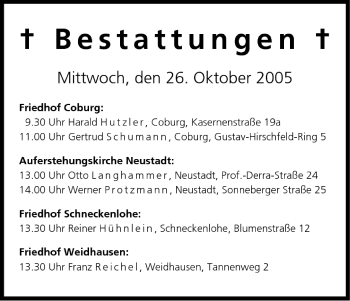 Anzeige von Bestattungen vom 26.10.2005 von MGO