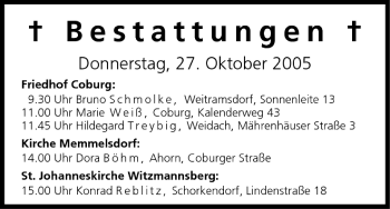 Anzeige von Bestattungen vom 27.10.2005 von MGO
