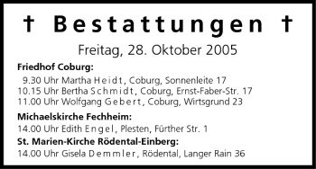 Anzeige von Bestattungen vom 28.10.2005 von MGO