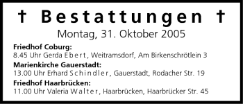 Anzeige von Bestattungen vom 31.10.2005 von MGO