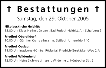 Anzeige von Bestattungen vom 29.10.2005 von MGO
