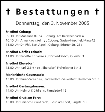 Anzeige von Bestattungen vom 03.11.2005 von MGO