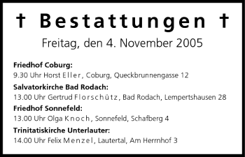 Anzeige von Bestattungen vom 04.11.2005 von MGO