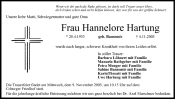 Anzeige von Hannelore Hartung von MGO