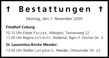 Anzeige von Bestattungen vom 07.11.2005 von MGO