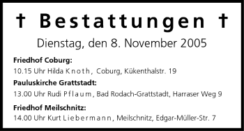 Anzeige von Bestattungen vom 08.11.2005 von MGO
