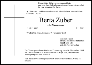 Anzeige von Berta Zuber von MGO