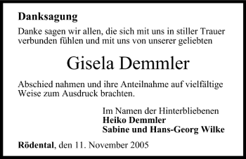 Anzeige von Gisela Demmler von MGO