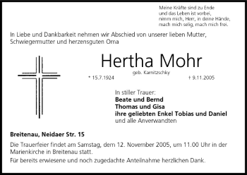 Anzeige von Hertha Mohr von MGO
