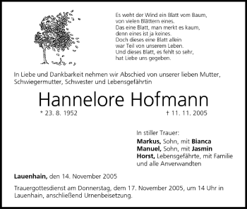Anzeige von Hannelore Hofmann von MGO