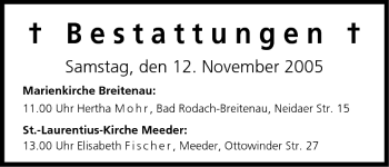 Anzeige von Bestattungen vom 12.11.2005 von MGO