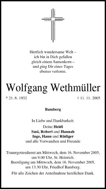 Anzeige von Wolfgang Wethmüller von MGO