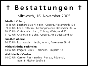 Anzeige von Bestattungen vom 16.11.2005 von MGO