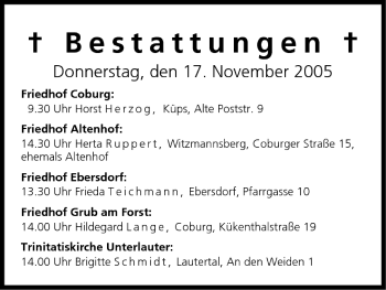 Anzeige von Bestattungen vom 17.11.2005 von MGO
