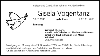 Anzeige von Gisela Vogentanz von MGO