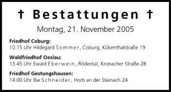 Anzeige von Bestattungen vom 21.11.2005 von MGO