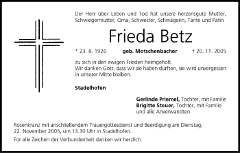 Anzeige von Frieda Betz von MGO