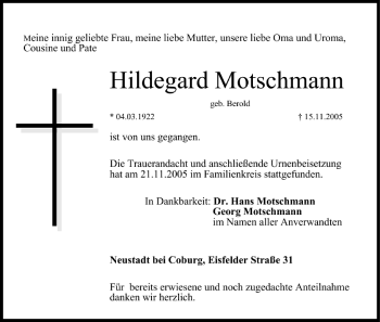 Anzeige von Hildegard Motschmann von MGO