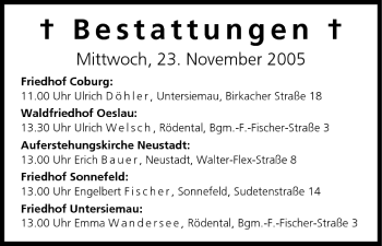 Anzeige von Bestattungen vom 23.11.2005 von MGO