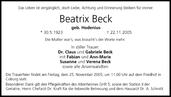 Anzeige von Beatrix Beck von MGO