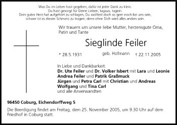 Anzeige von Sieglinde Feiler von MGO