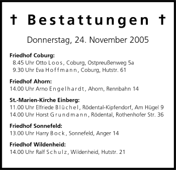 Anzeige von Bestattungen vom 24.11.2005 von MGO