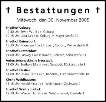 Anzeige von Bestattungen vom 30.11.2005 von MGO