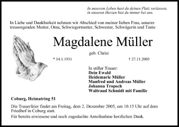 Anzeige von Magdalene Müller von MGO