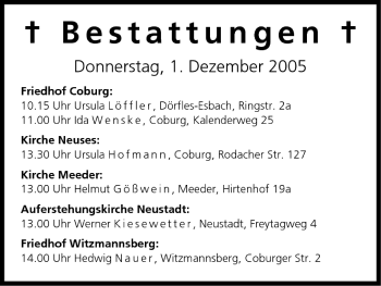 Anzeige von Bestattungen vom 01.12.2005 von MGO