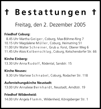 Anzeige von Bestattungen vom 02.12.2005 von MGO