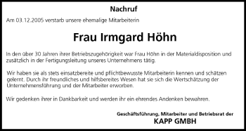 Anzeige von Irmgard Höhn von MGO