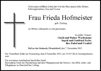 Anzeige von Frieda Hofmeister von MGO