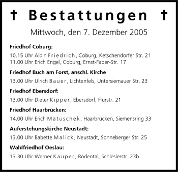 Anzeige von Bestattungen vom 07.12.2005 von MGO