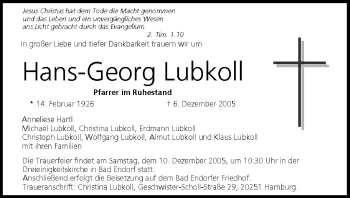 Anzeige von Hans-Georg Lubkoll von MGO