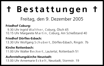 Anzeige von Bestattungen vom 09.12.2005 von MGO