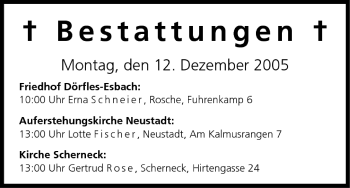 Anzeige von Bestattungen vom 12.12.2005 von MGO