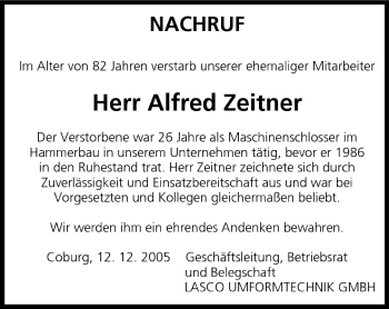 Anzeige von Alfred Zeitner von MGO