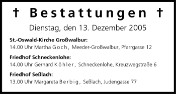 Anzeige von Bestattungen vom 13.12.2005 von MGO