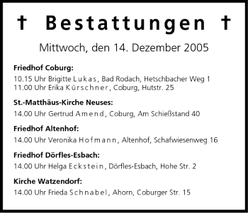 Anzeige von Bestattungen vom 14.12.2005 von MGO