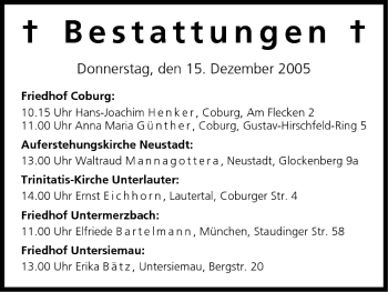 Anzeige von Bestattungen vom 15.12.2005 von MGO